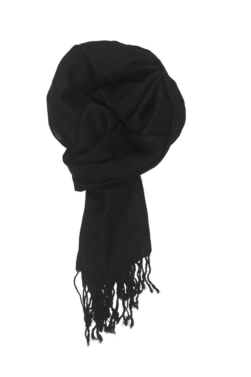 In-Sattva Colors Black geometric printed rayon scarf stole, primary product image highlighting its color, pattern and woven texture.