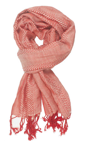 In-Sattva Colors Red zigzag striped rayon scarf stole, primary product image highlighting its color, pattern and woven texture.