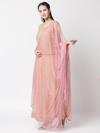 Angled view of a woman styling an Ethnicity dust pink dupatta with metallic border