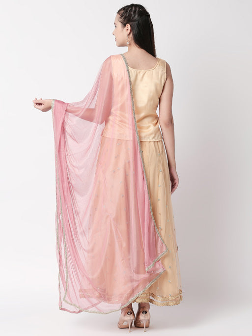 Back view of a woman wearing an Ethnicity dust pink dupatta with metallic border