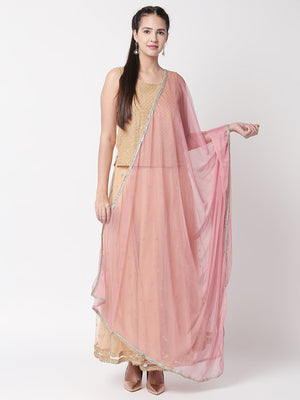 Front view of a woman wearing an Ethnicity dust pink dupatta with metallic border