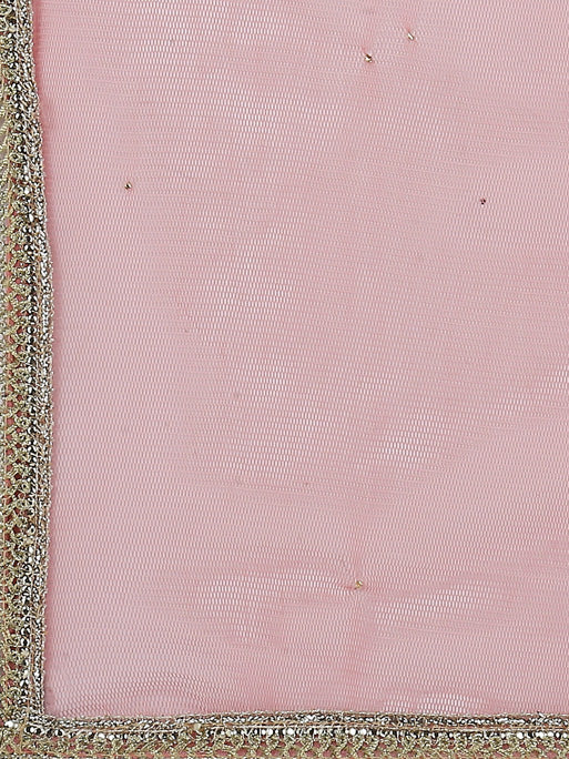 Close-up of Ethnicity dust pink dupatta fabric with an ornate metallic border