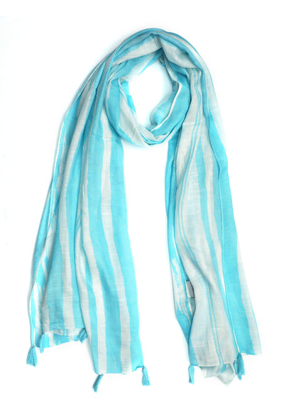 In-Sattva Blue striped handwoven rayon scarf stole, alternate product image showing its artisan pattern and lightweight drape.