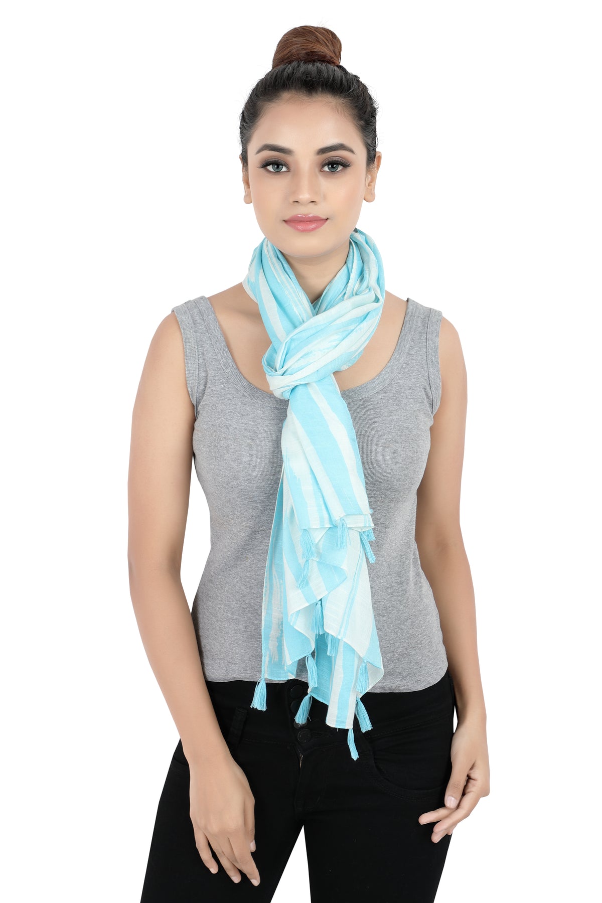 In-Sattva Blue striped handwoven rayon scarf stole, detail-oriented product image showing the scarf's artisan finish.