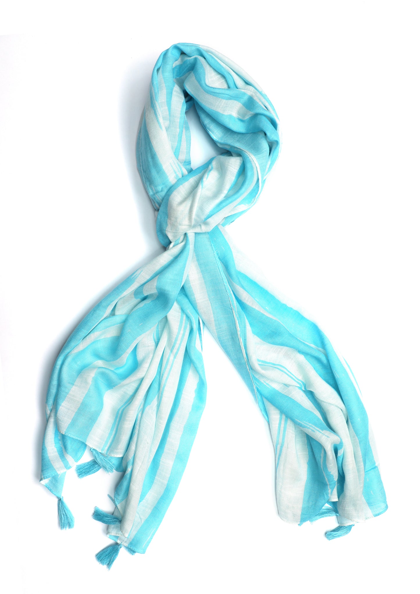 In-Sattva Blue striped handwoven rayon scarf stole, primary product image highlighting its color, pattern and woven texture.