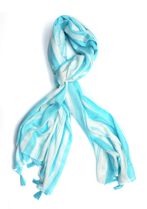 In-Sattva Blue striped handwoven rayon scarf stole, primary product image highlighting its color, pattern and woven texture.