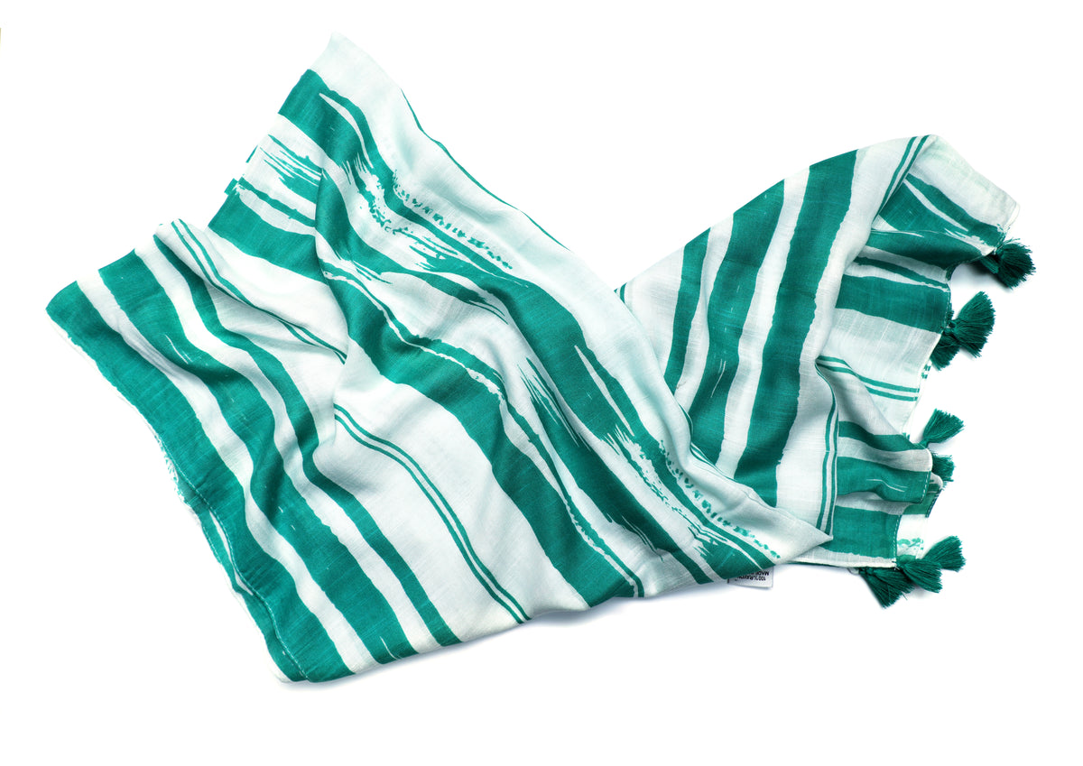 In-Sattva Green striped handwoven rayon scarf stole, additional product image highlighting its color and woven detailing.