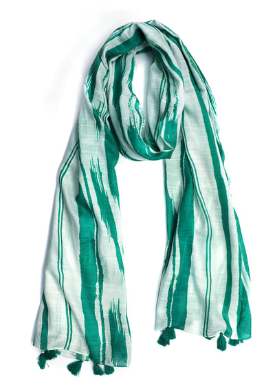 In-Sattva Green striped handwoven rayon scarf stole, alternate product image showing its artisan pattern and lightweight drape.