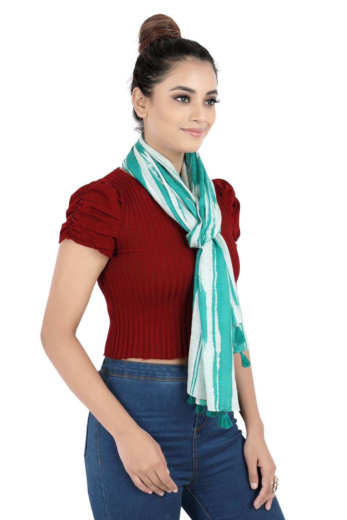 In-Sattva Green striped handwoven rayon scarf stole, detail-oriented product image showing the scarf's artisan finish.