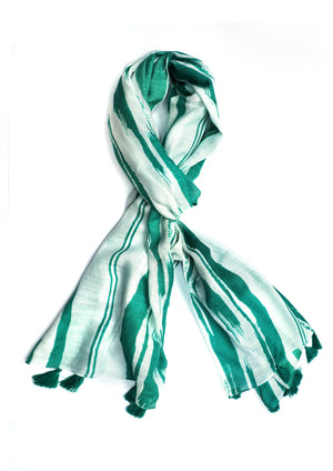 In-Sattva Green striped handwoven rayon scarf stole, primary product image highlighting its color, pattern and woven texture.