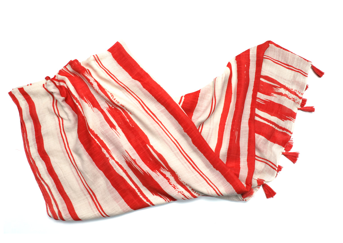 In-Sattva Red/Magenta striped handwoven rayon scarf stole, additional product image highlighting its color and woven detailing.