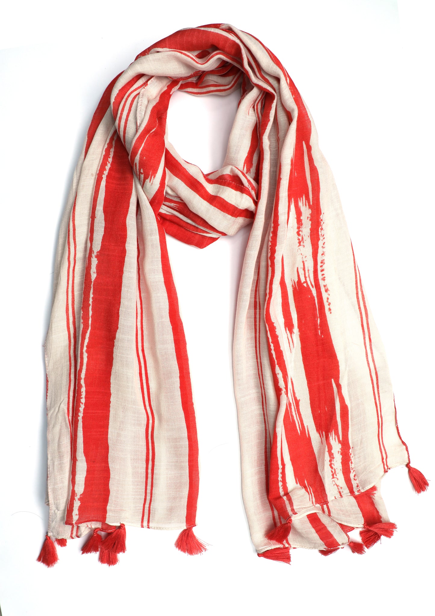In-Sattva Red/Magenta striped handwoven rayon scarf stole, alternate product image showing its artisan pattern and lightweight drape.