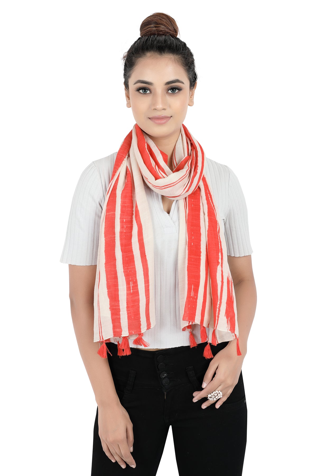 In-Sattva Red/Magenta striped handwoven rayon scarf stole, detail-oriented product image showing the scarf's artisan finish.