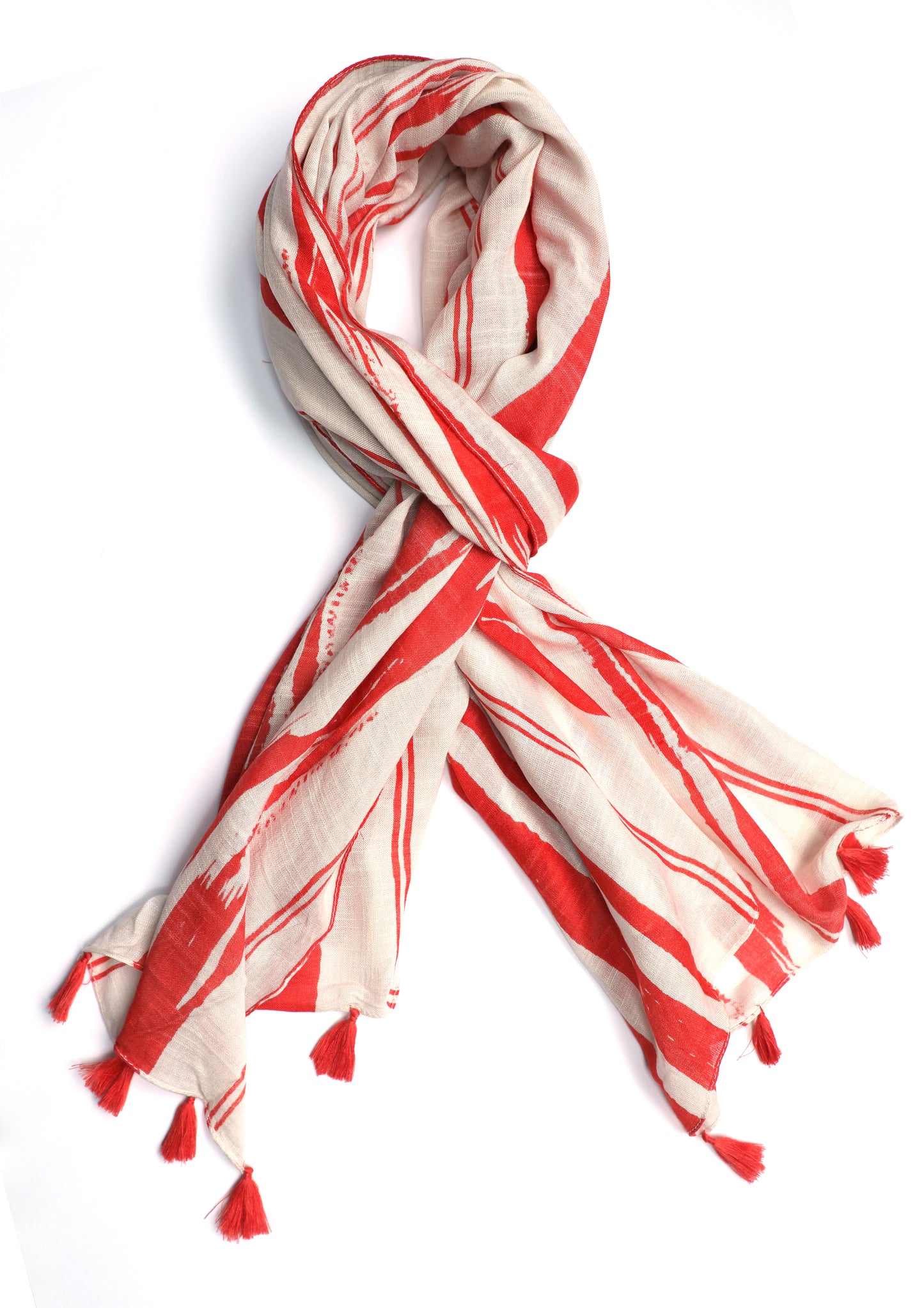 In-Sattva Red/Magenta striped handwoven rayon scarf stole, primary product image highlighting its color, pattern and woven texture.