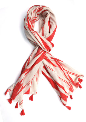 In-Sattva Red/Magenta striped handwoven rayon scarf stole, primary product image highlighting its color, pattern and woven texture.