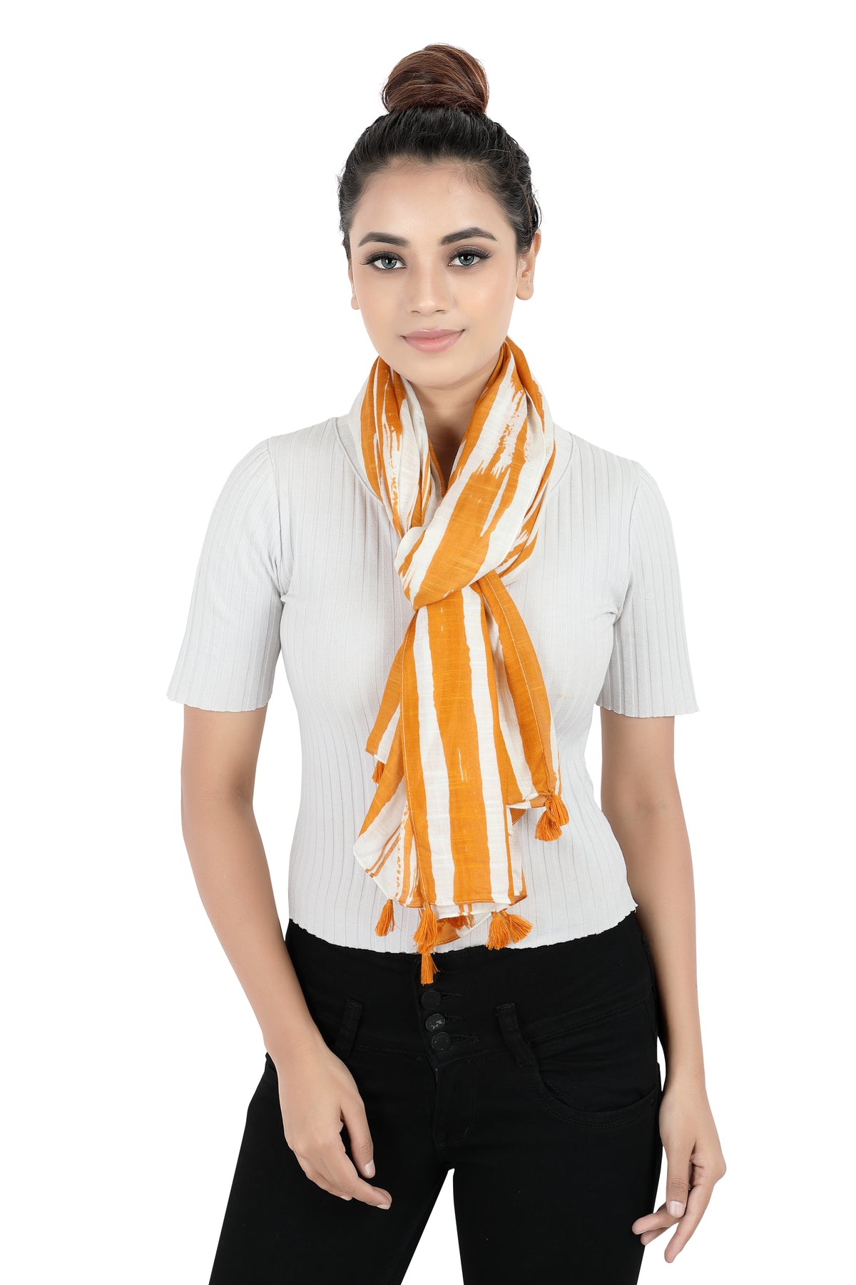 In-Sattva Yellow striped handwoven rayon scarf stole, detail-oriented product image showing the scarf's artisan finish.
