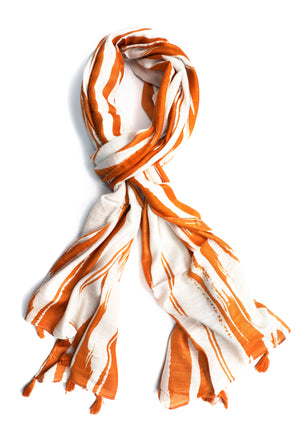 In-Sattva Yellow striped handwoven rayon scarf stole, primary product image highlighting its color, pattern and woven texture.