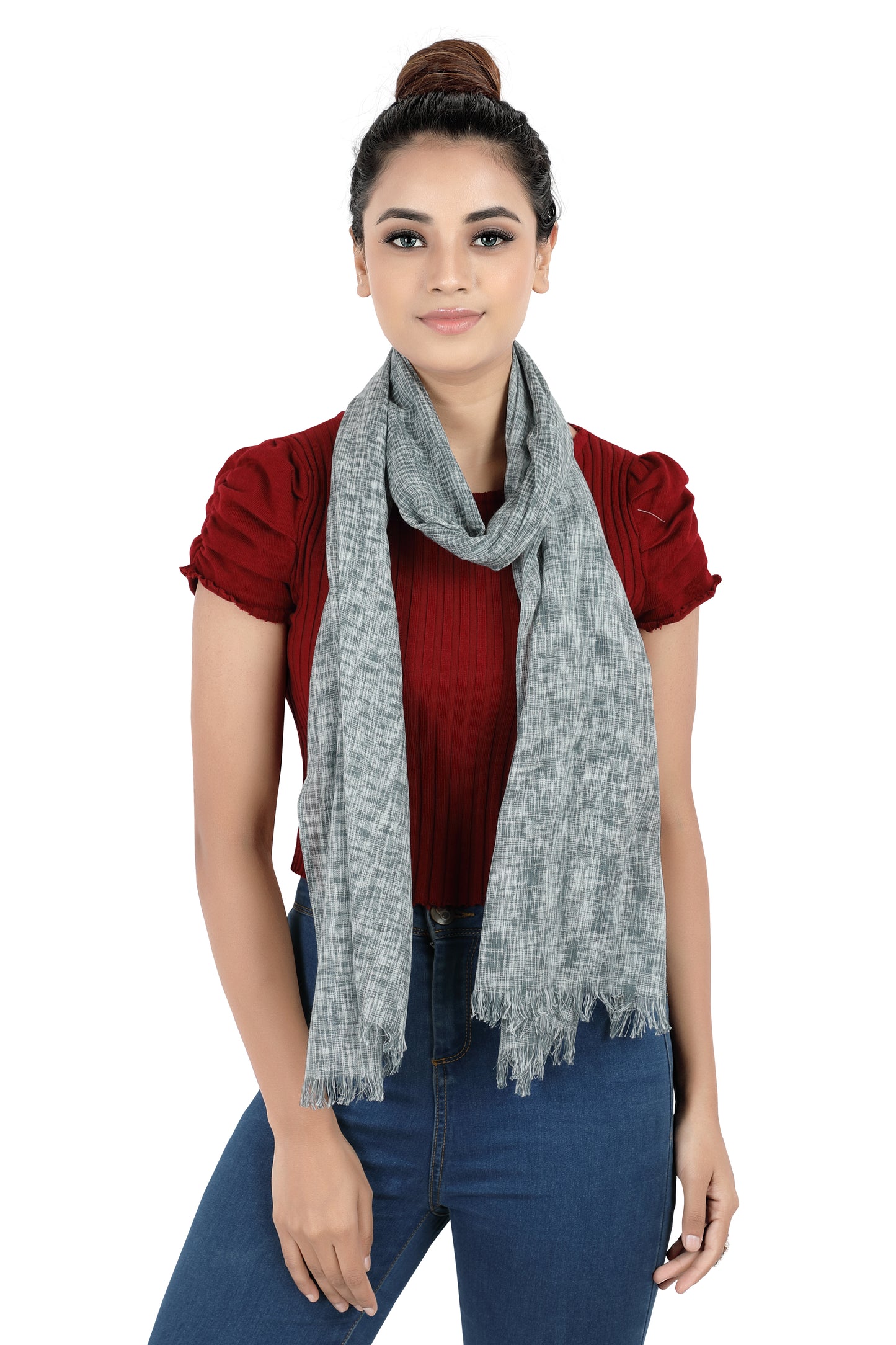 In-Sattva Gray bohemian artisan rayon scarf stole, detail-oriented product image showing the scarf's artisan finish.