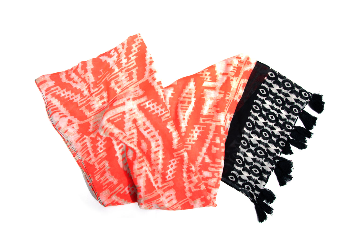 In-Sattva Orange/Black bohemian artisan rayon scarf stole, additional product image highlighting its color and woven detailing.