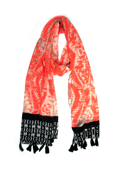 In-Sattva Orange/Black bohemian artisan rayon scarf stole, alternate product image showing its artisan pattern and lightweight drape.