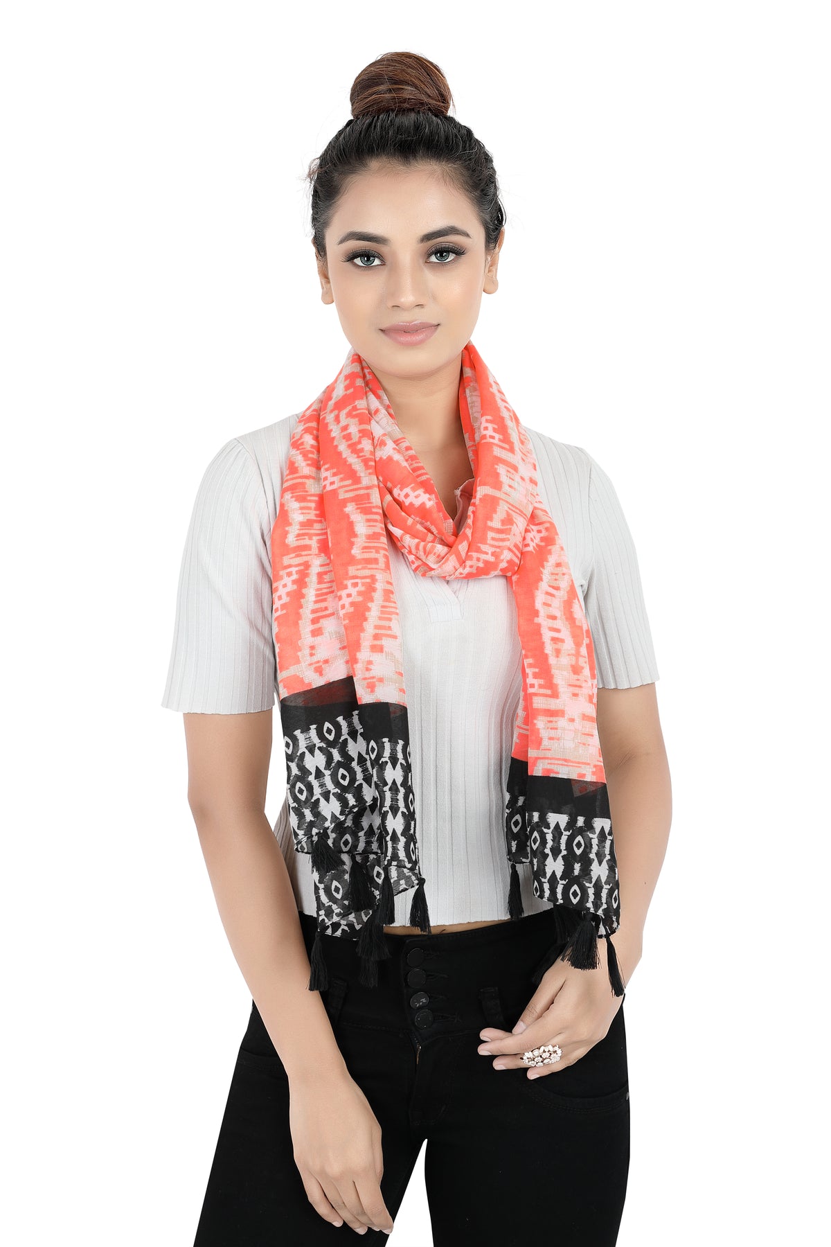 In-Sattva Orange/Black bohemian artisan rayon scarf stole, detail-oriented product image showing the scarf's artisan finish.