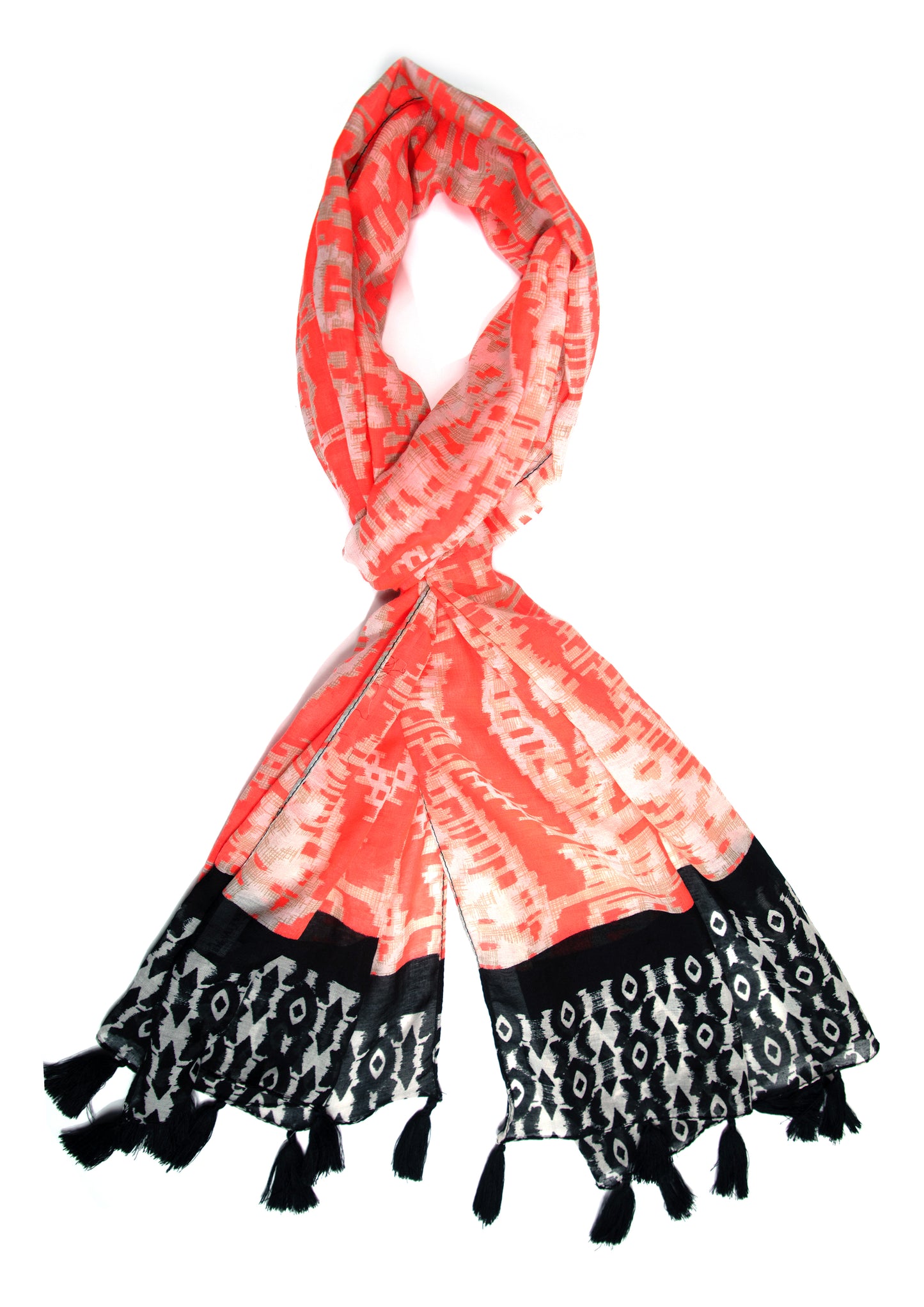 In-Sattva Orange/Black bohemian artisan rayon scarf stole, primary product image highlighting its color, pattern and woven texture.