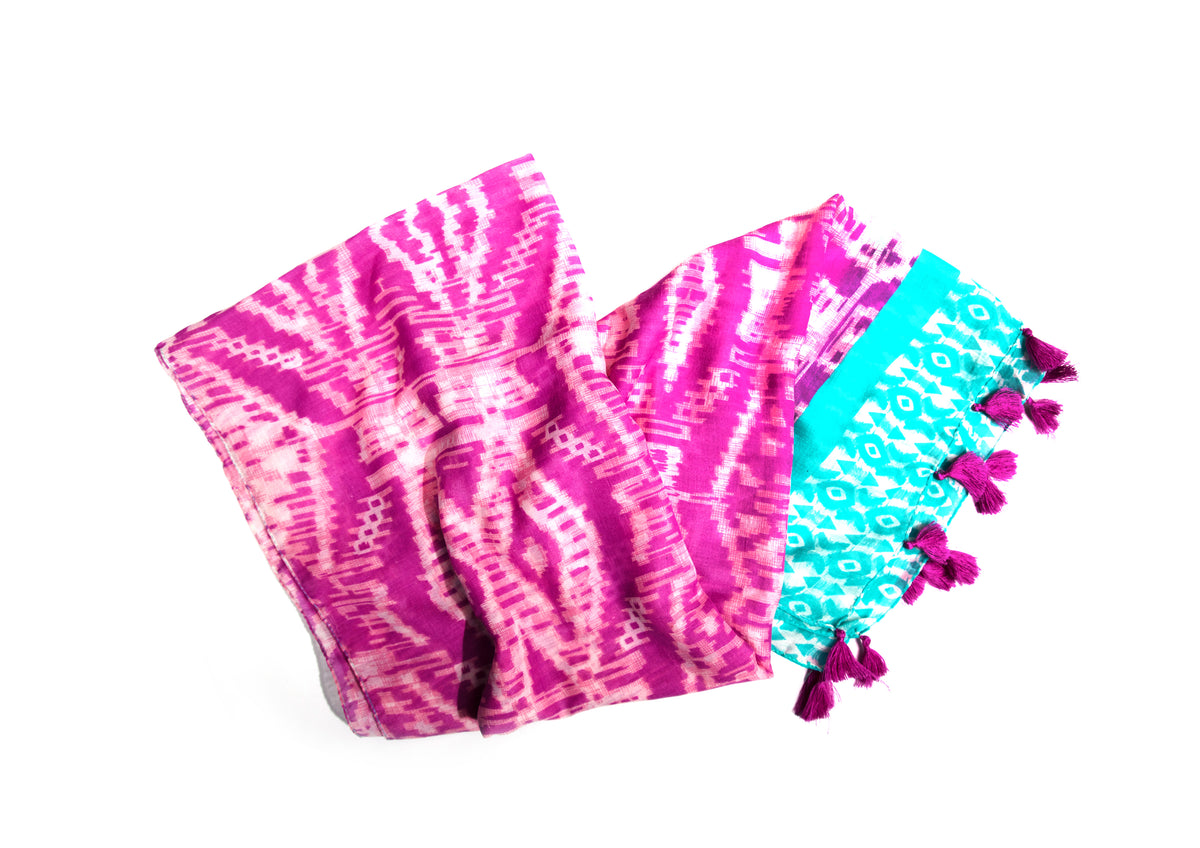 In-Sattva Pink and Blue bohemian artisan rayon scarf stole, additional product image highlighting its color and woven detailing.