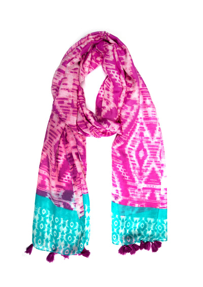 In-Sattva Pink and Blue bohemian artisan rayon scarf stole, alternate product image showing its artisan pattern and lightweight drape.