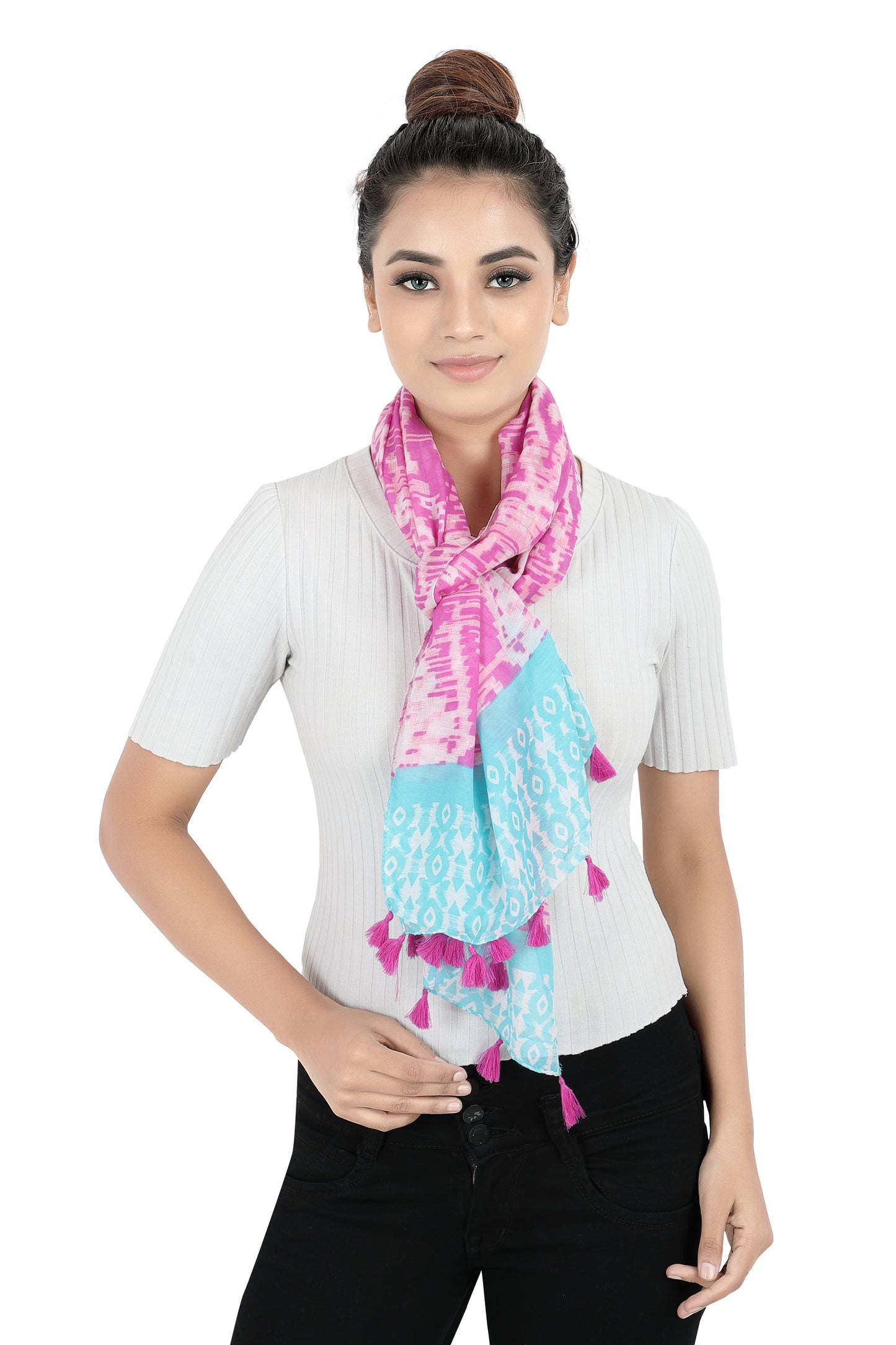 In-Sattva Pink and Blue bohemian artisan rayon scarf stole, detail-oriented product image showing the scarf's artisan finish.