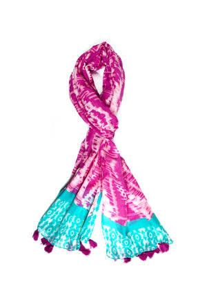 In-Sattva Pink and Blue bohemian artisan rayon scarf stole, primary product image highlighting its color, pattern and woven texture.