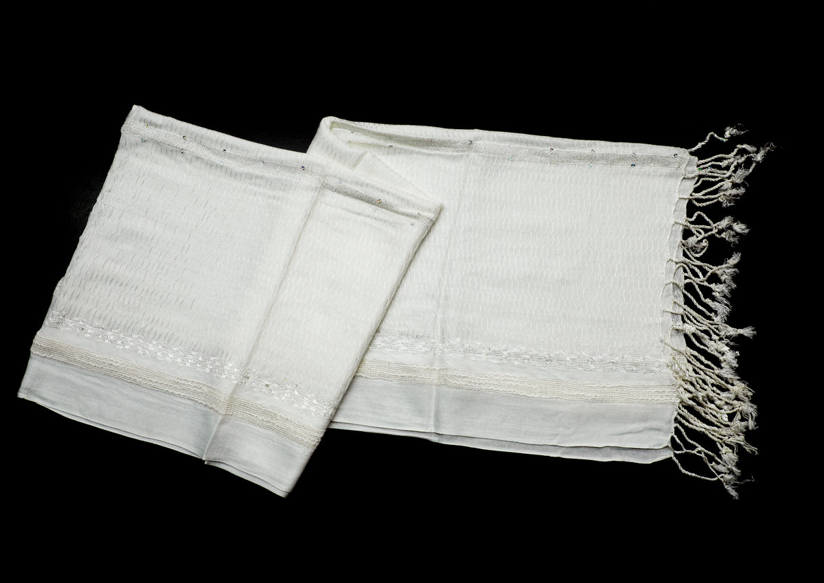 In-Sattva White bohemian artisan rayon scarf stole, additional product image highlighting its color and woven detailing.