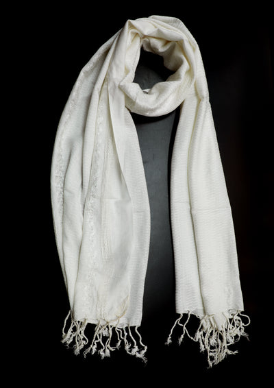 In-Sattva White bohemian artisan rayon scarf stole, alternate product image showing its artisan pattern and lightweight drape.