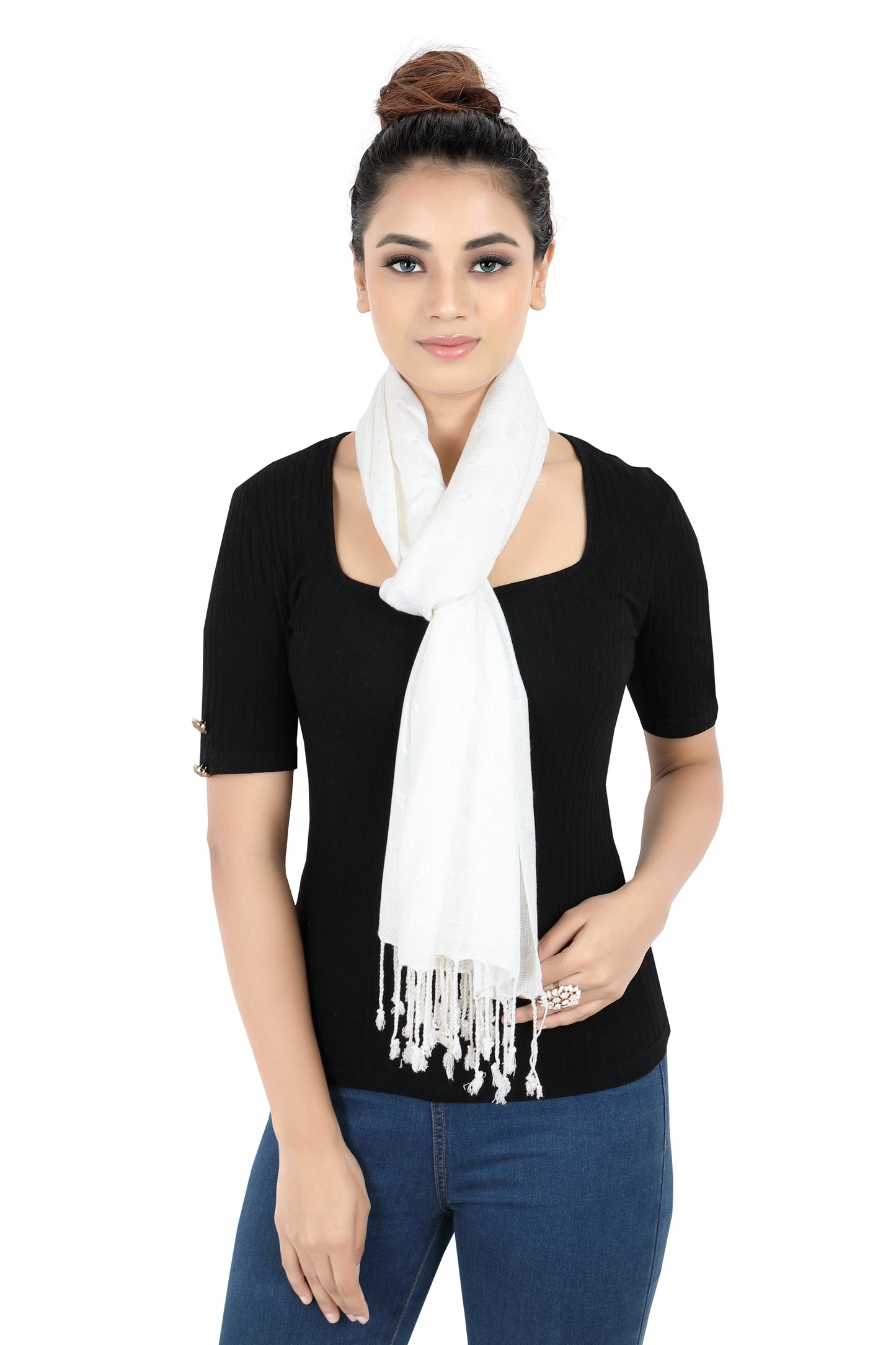 In-Sattva White bohemian artisan rayon scarf stole, detail-oriented product image showing the scarf's artisan finish.