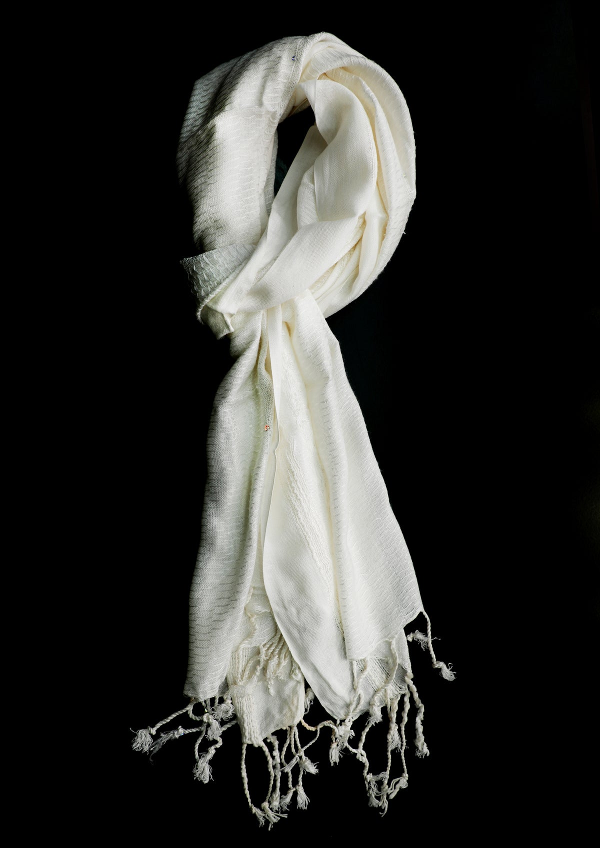 In-Sattva White bohemian artisan rayon scarf stole, primary product image highlighting its color, pattern and woven texture.