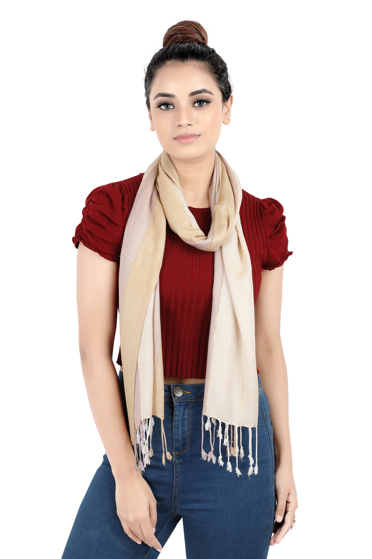In-Sattva Beige multi-tone handwoven rayon scarf stole, detail-oriented product image showing the scarf's artisan finish.