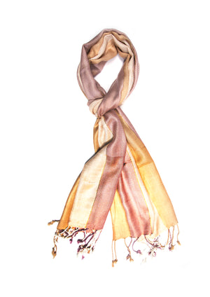 In-Sattva Beige multi-tone handwoven rayon scarf stole, primary product image highlighting its color, pattern and woven texture.