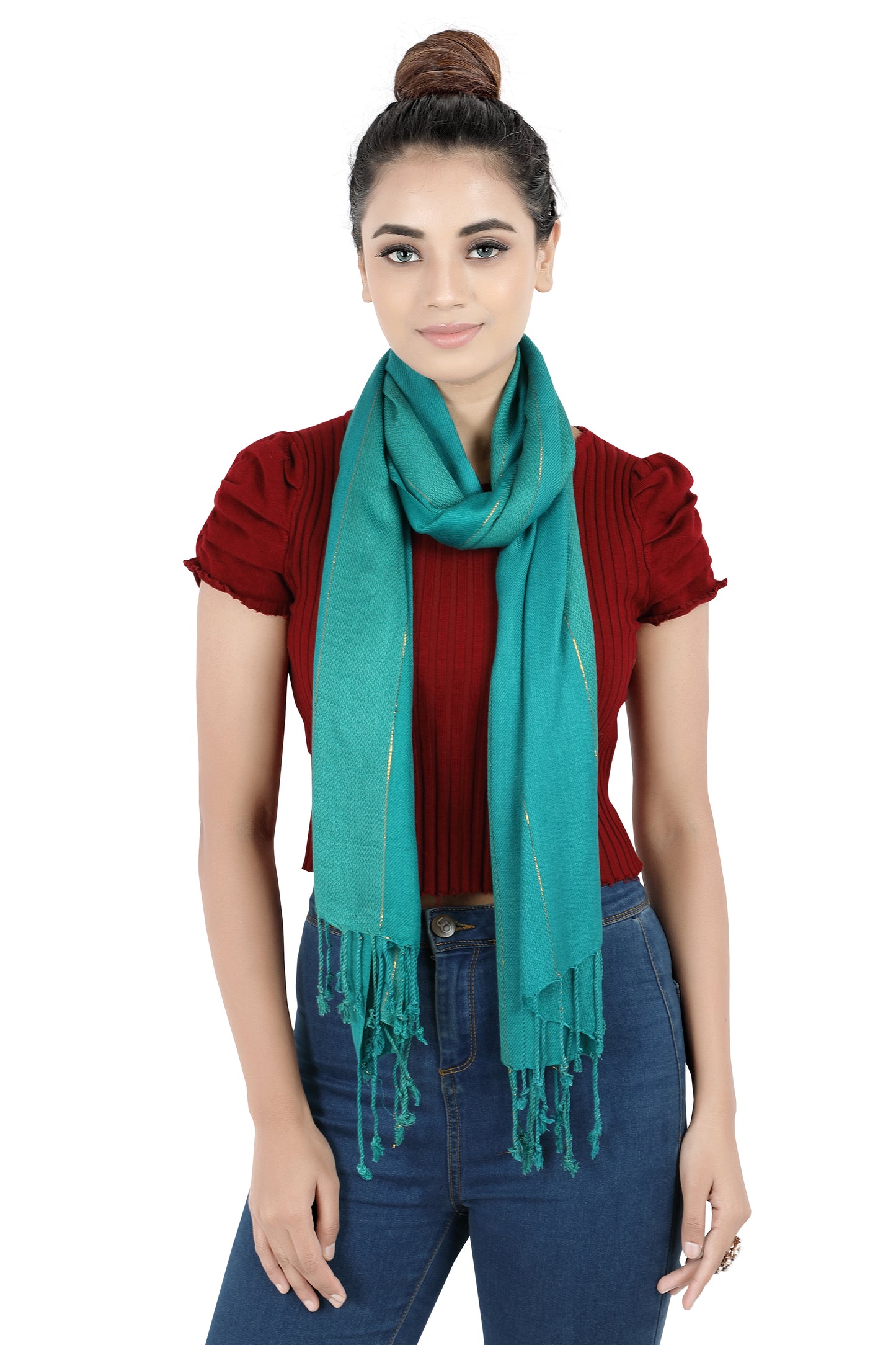In-Sattva Blue multi-tone handwoven rayon scarf stole, detail-oriented product image showing the scarf's artisan finish.