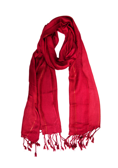 In-Sattva Red textured handwoven rayon scarf stole, alternate product image showing its artisan pattern and lightweight drape.