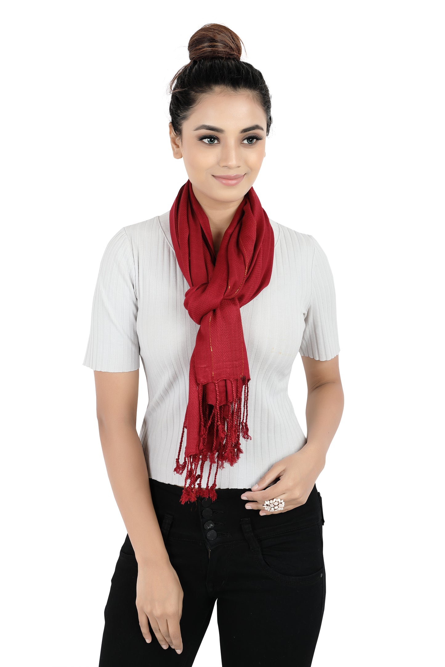In-Sattva Red textured handwoven rayon scarf stole, detail-oriented product image showing the scarf's artisan finish.