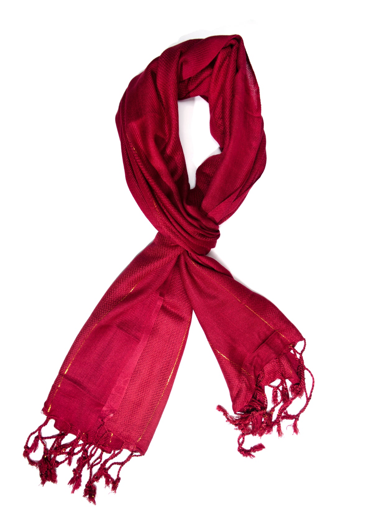 In-Sattva Red textured handwoven rayon scarf stole, primary product image highlighting its color, pattern and woven texture.
