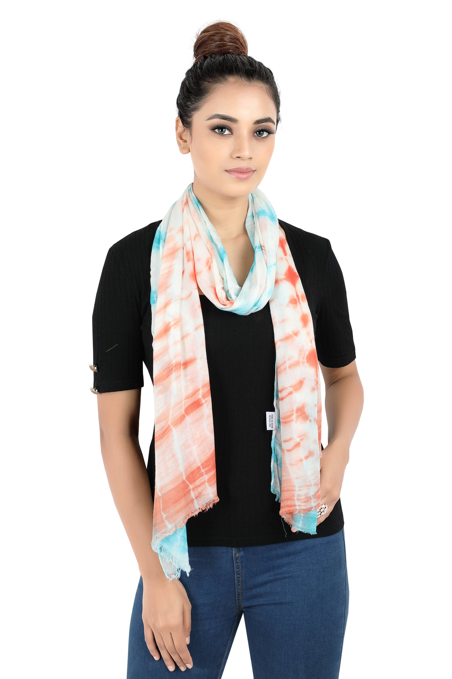 In-Sattva Orange tie-dye textured rayon scarf stole, detail-oriented product image showing the scarf's artisan finish.