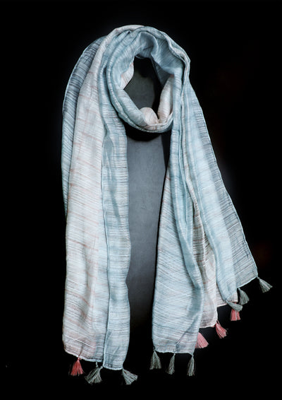 In-Sattva White/Cream/Blue/Coral bohemian shaded nylon scarf stole, alternate product image showing its artisan pattern and lightweight drape.