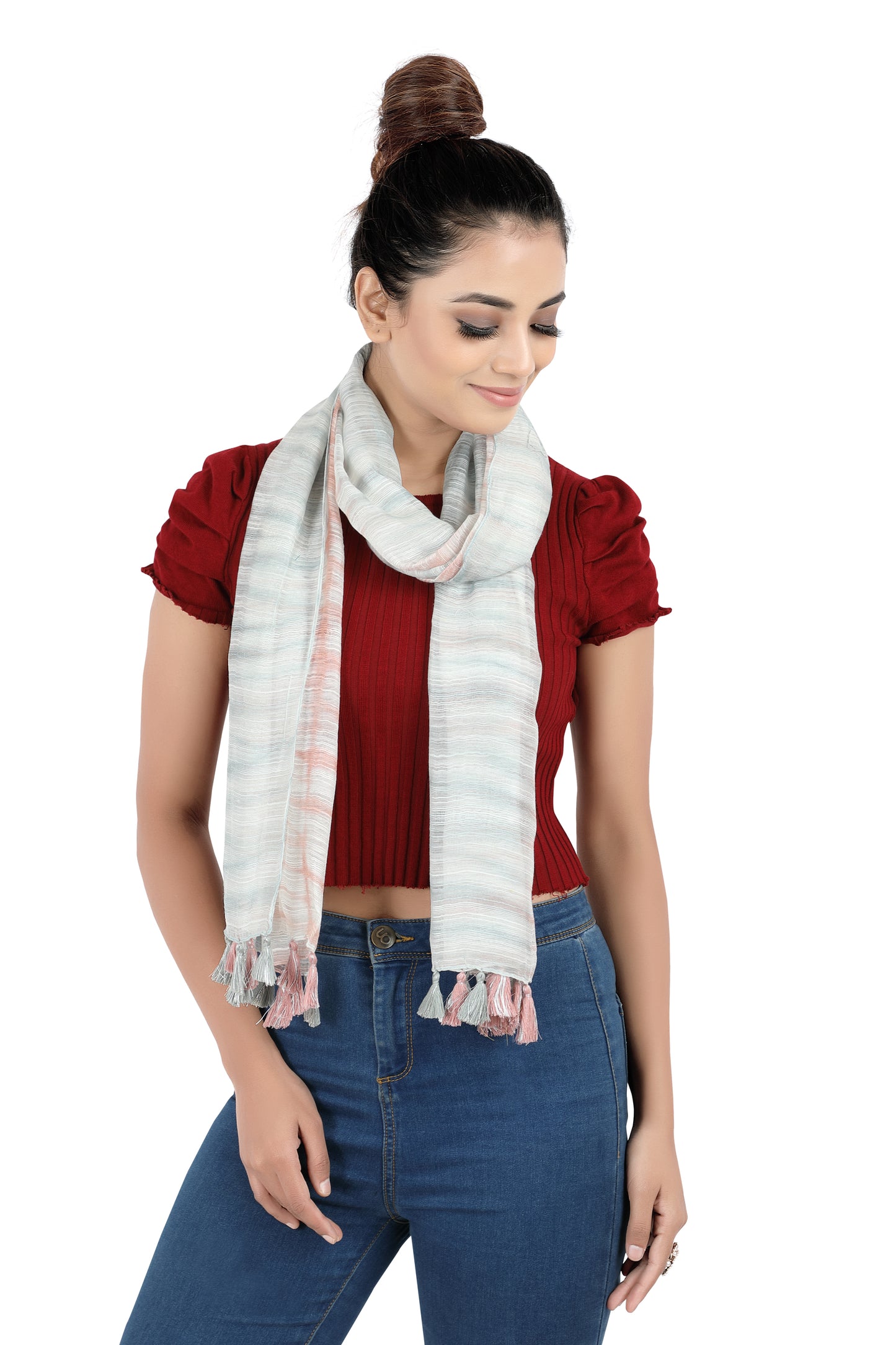 In-Sattva White/Cream/Blue/Coral bohemian shaded nylon scarf stole, detail-oriented product image showing the scarf's artisan finish.