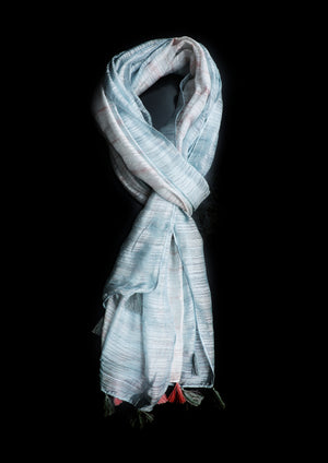 In-Sattva White/Cream/Blue/Coral bohemian shaded nylon scarf stole, primary product image highlighting its color, pattern and woven texture.