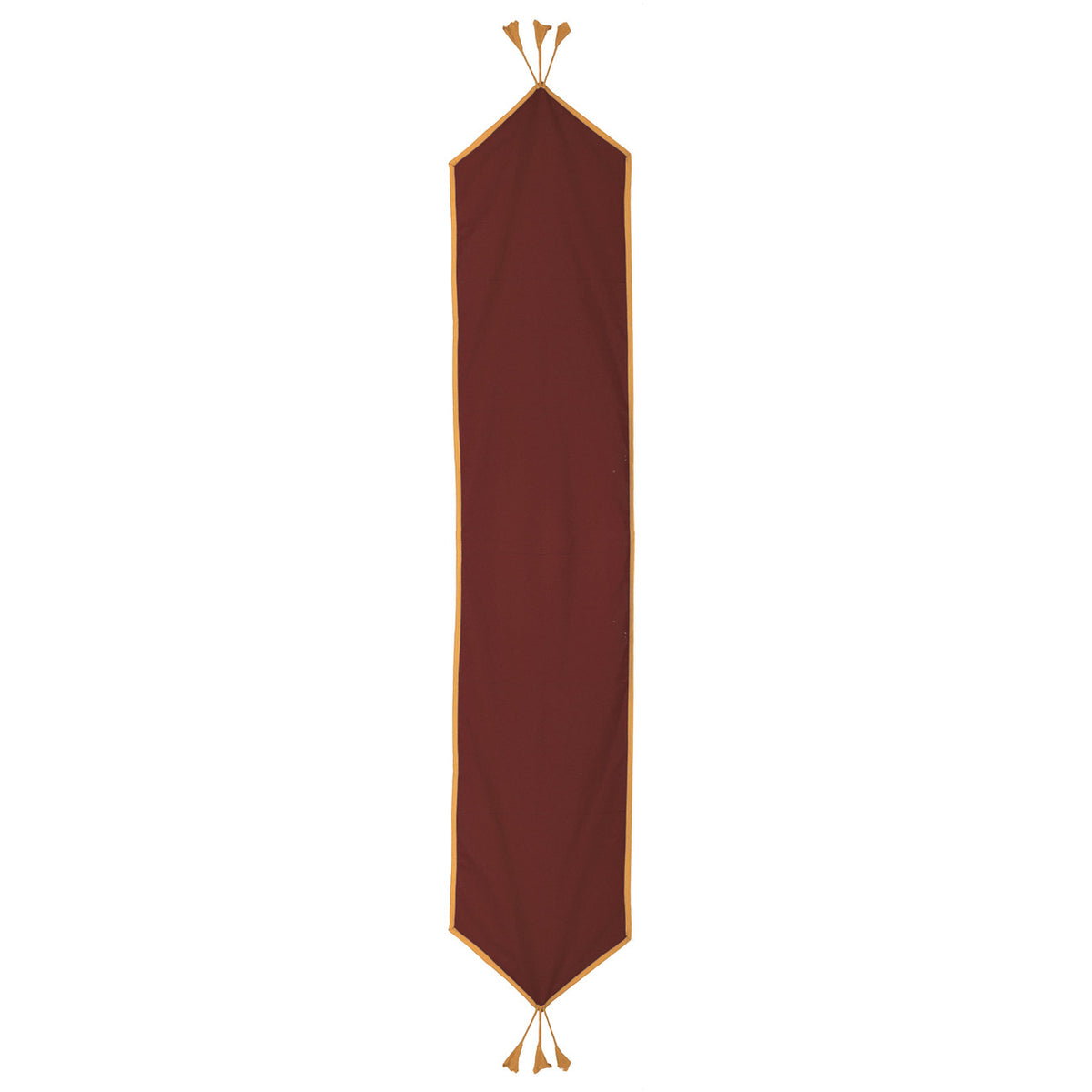 Full view of the In-Sattva brown solid cotton table runner with contrast trim and tassel fringe