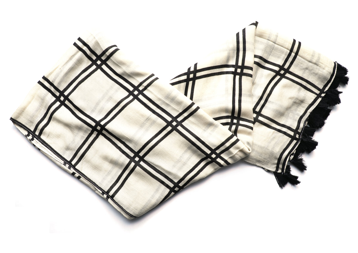 In-Sattva White/Cream checkered handwoven woven fabric scarf stole, additional product image highlighting its color and woven detailing.