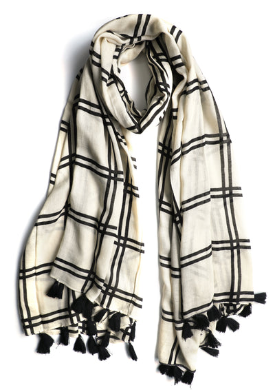 In-Sattva White/Cream checkered handwoven woven fabric scarf stole, alternate product image showing its artisan pattern and lightweight drape.