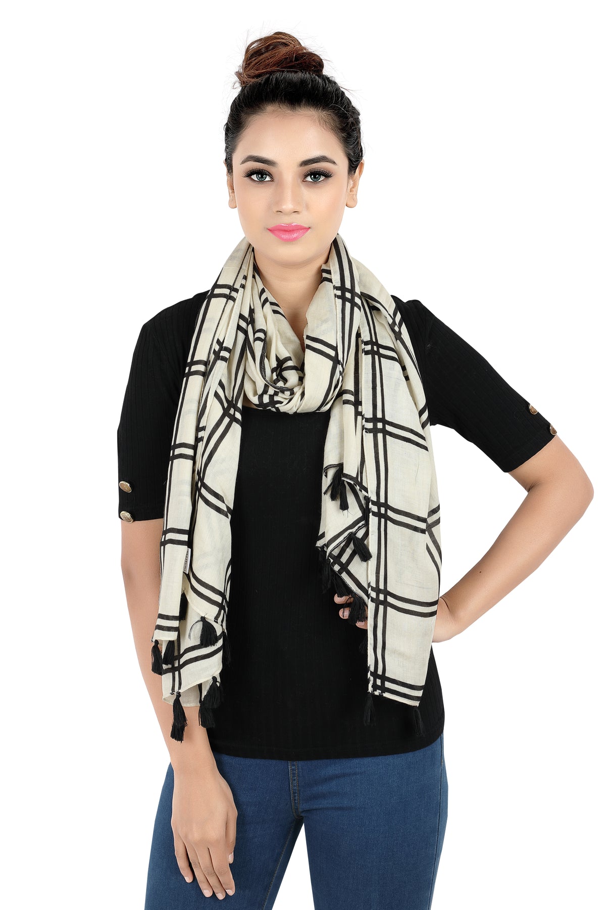 In-Sattva White/Cream checkered handwoven woven fabric scarf stole, detail-oriented product image showing the scarf's artisan finish.