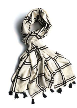 In-Sattva White/Cream checkered handwoven woven fabric scarf stole, primary product image highlighting its color, pattern and woven texture.