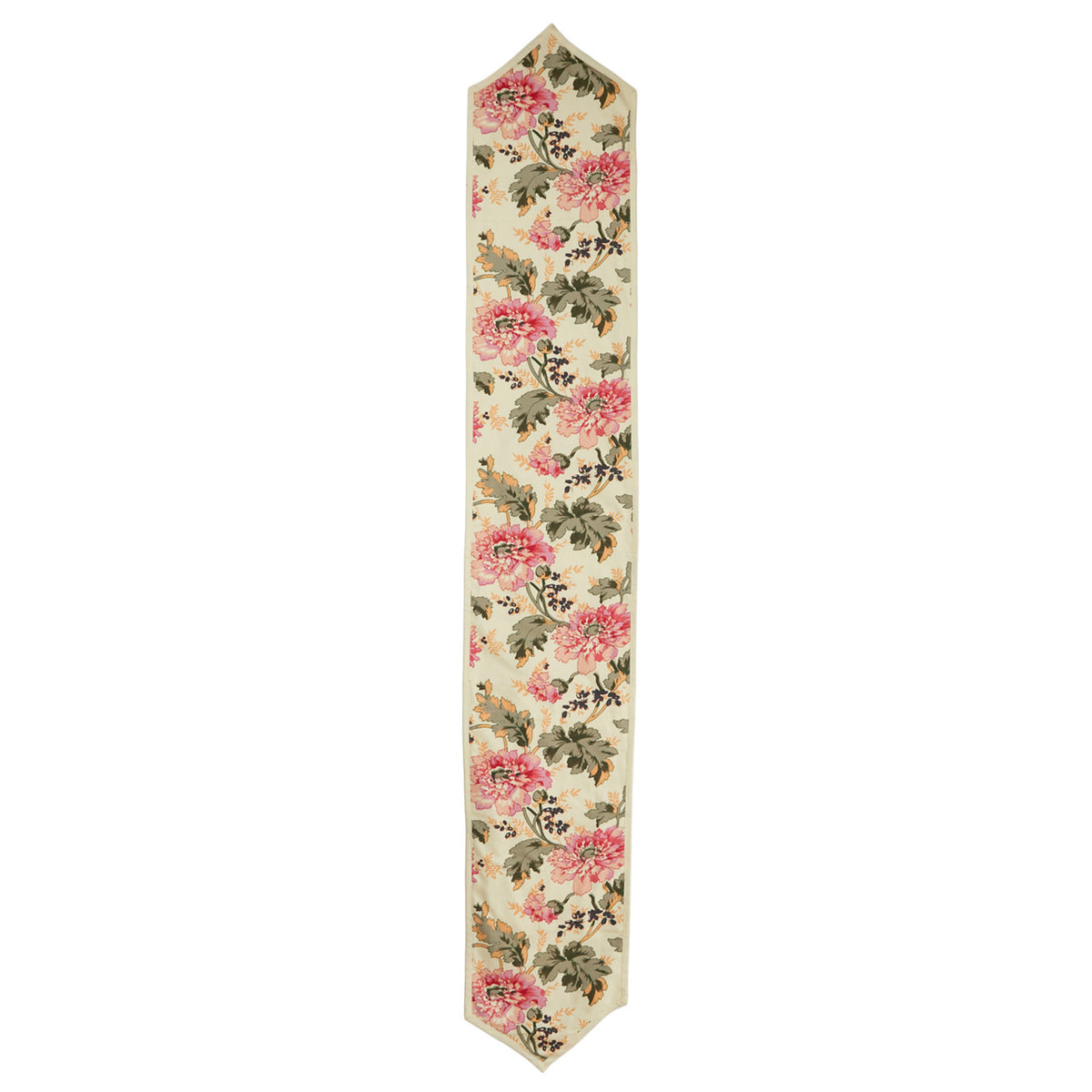 Full view of the In-Sattva cream floral bohemian print cotton table runner with pointed ends